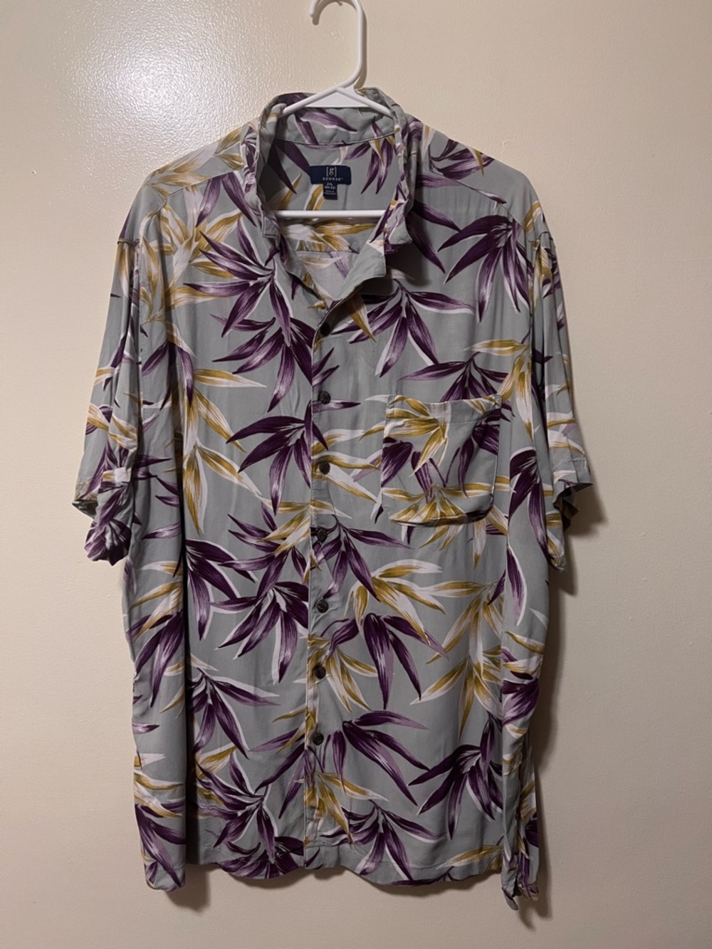 George Men's Light Gray Floral Button-Up Shirt with Purple and Gold Leaves 0055